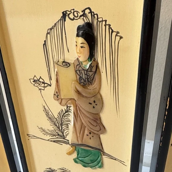 Vintage Asian Folding Screen with raised stone with inlay Asian ladies - Picture 5 of 14